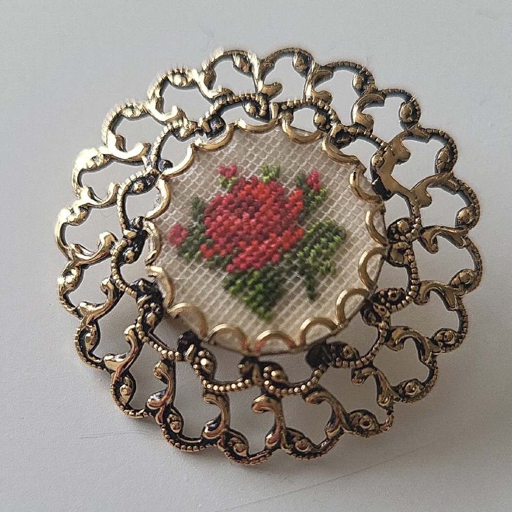 Vintage gold petit point Floral Brooch